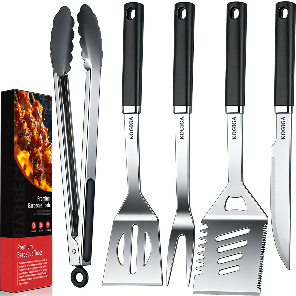 KOGIGA front view of complete 5-piece set showing durable stainless finish and organized layout