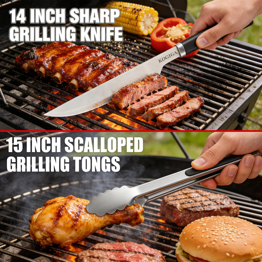 KOGIGA tools in use on charcoal grill illustrating reliable control and heavy-duty performance
