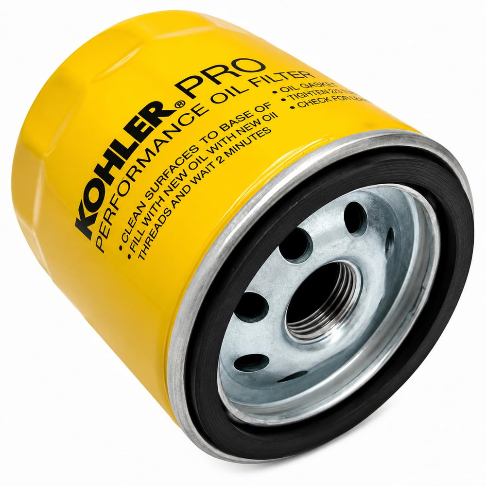 Kohler filter element close-up revealing pleated media and improved oil capacity benefit