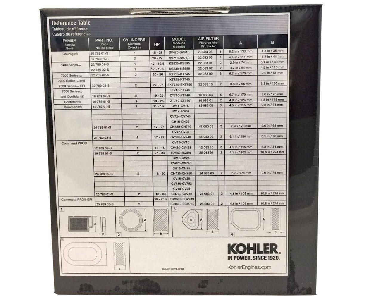 Kohler kit components laid out showing air filter oil spark plugs and fuel filter for quick service