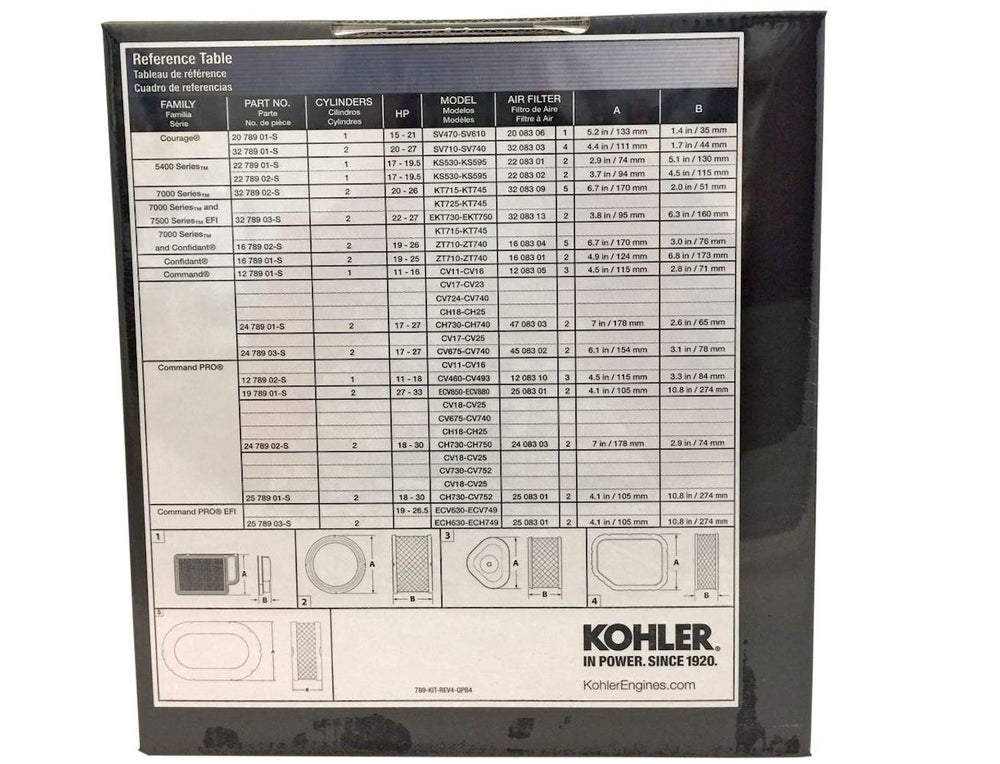 Kohler kit components laid out showing air filter oil spark plugs and fuel filter for quick service