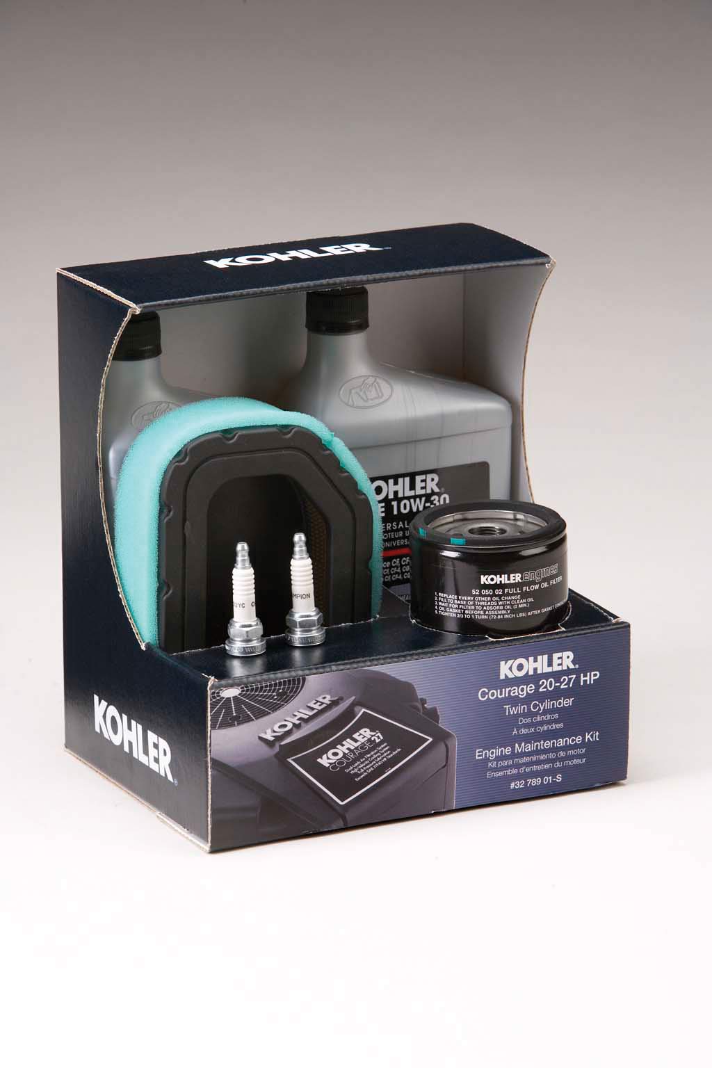 Kohler oil and oil filter arranged to show synthetic-blend oil benefits and correct filter fit