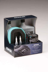 Kohler oil and oil filter arranged to show synthetic-blend oil benefits and correct filter fit
