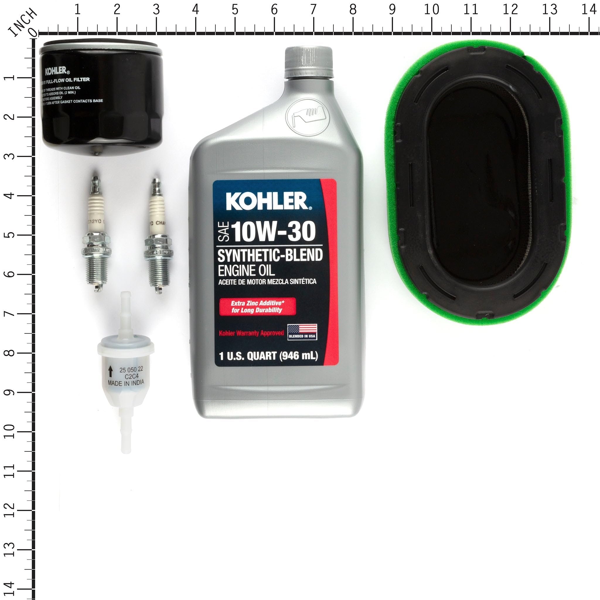 Kohler oil filter with 10W-30 oil close-up highlighting clean lubrication