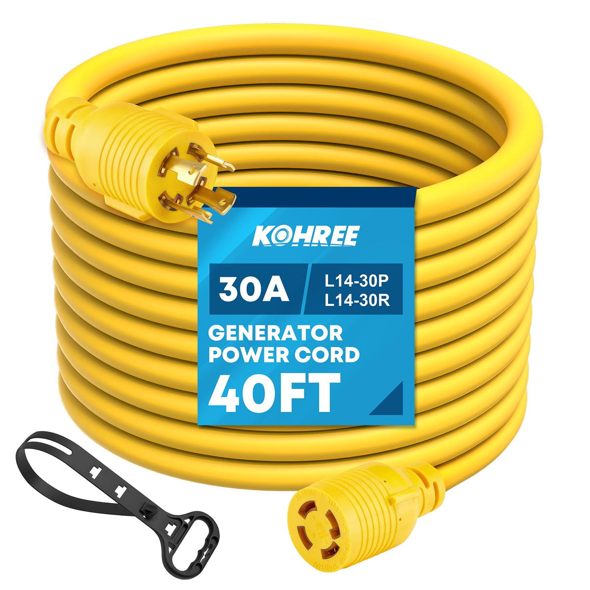 Kohree generator cord front view showing four-prong connector and secure design benefit