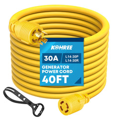 Kohree generator cord front view showing four-prong connector and secure design benefit