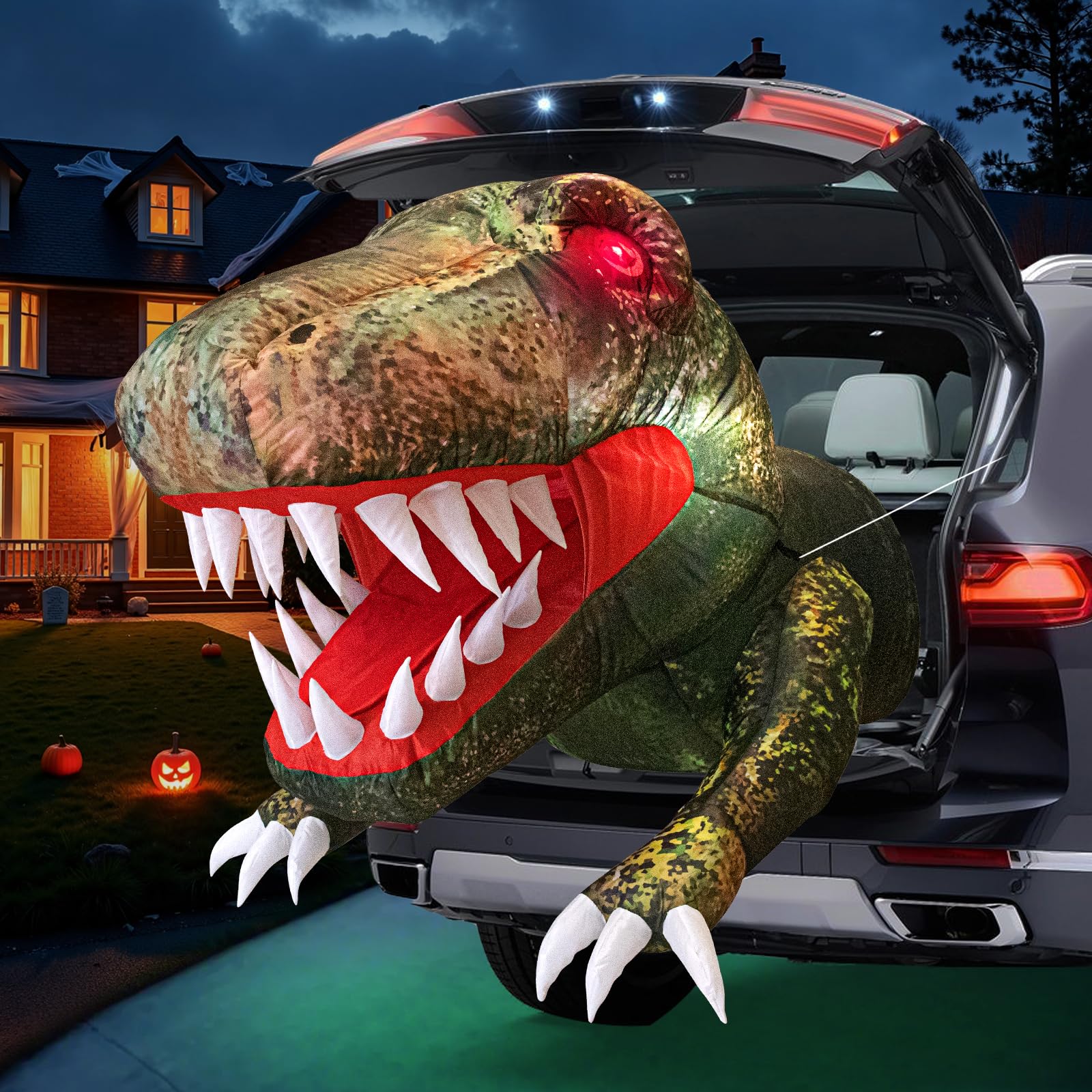 KOITHE dinosaur on porch creating festive Halloween entrance scene