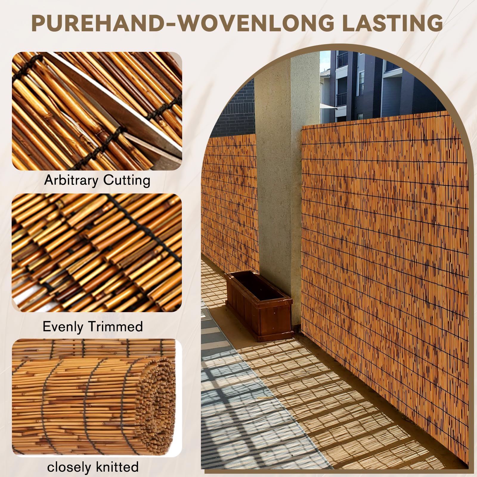 KOIUEYW bamboo roll beside ruler showing 3x16 ft scale and sizing clarity benefit