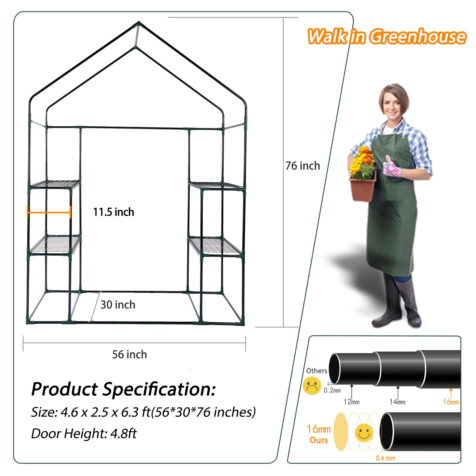 KOKSRY adult standing inside greenhouse demonstrating comfortable access