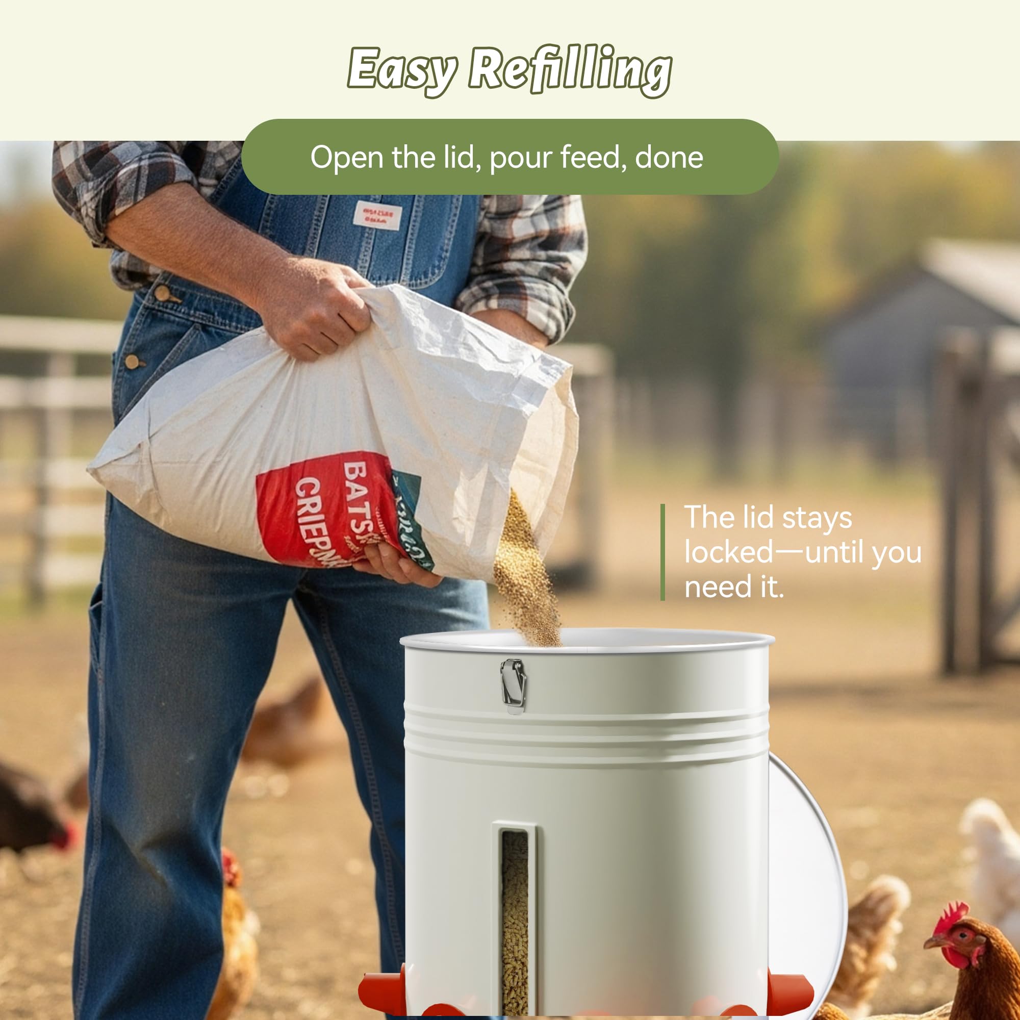 KOL backyard coop scene with chickens using feeder and waterer reliably
