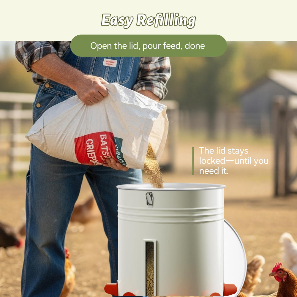 KOL backyard coop scene with chickens using feeder and waterer reliably