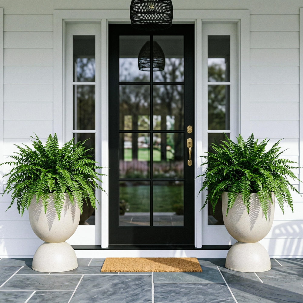 KOL beige planter front view showing sculptural urn shape and curb appeal