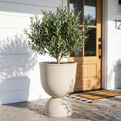 KOL front view of beige pedestal planter showing sculptural urn and curb appeal