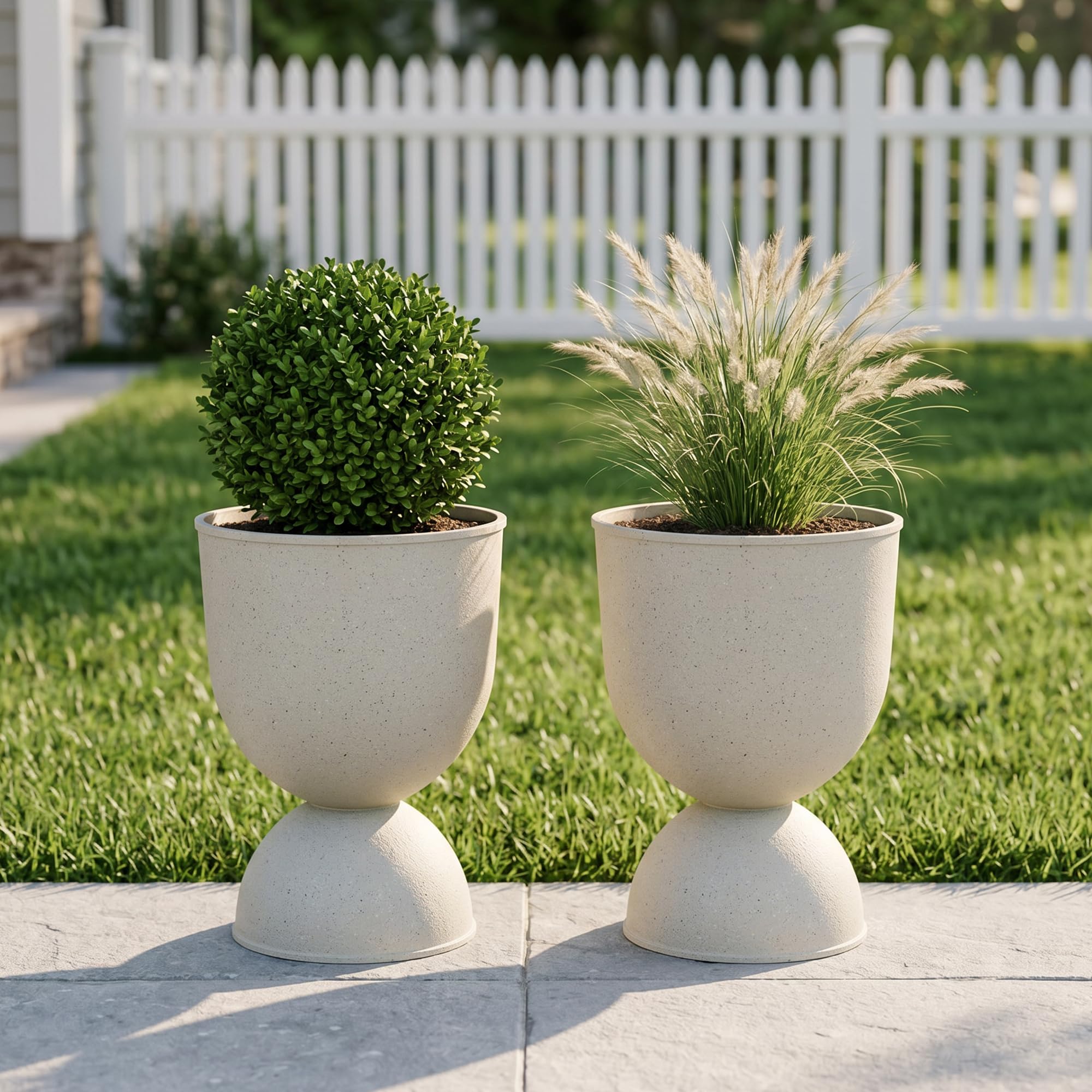 KOL beige urn planter front view showing elegant silhouette and curb appeal