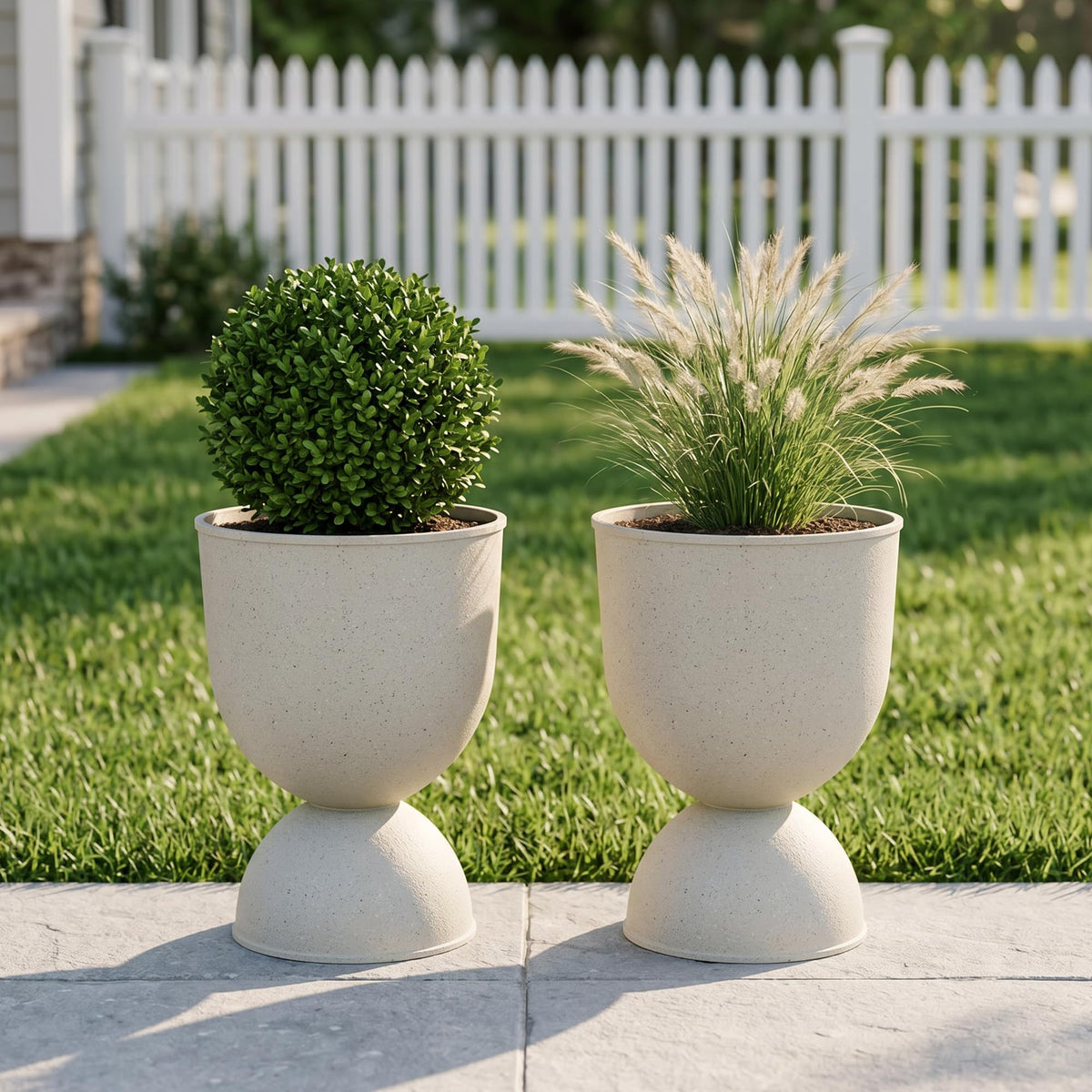 KOL beige urn planter front view showing elegant silhouette and curb appeal