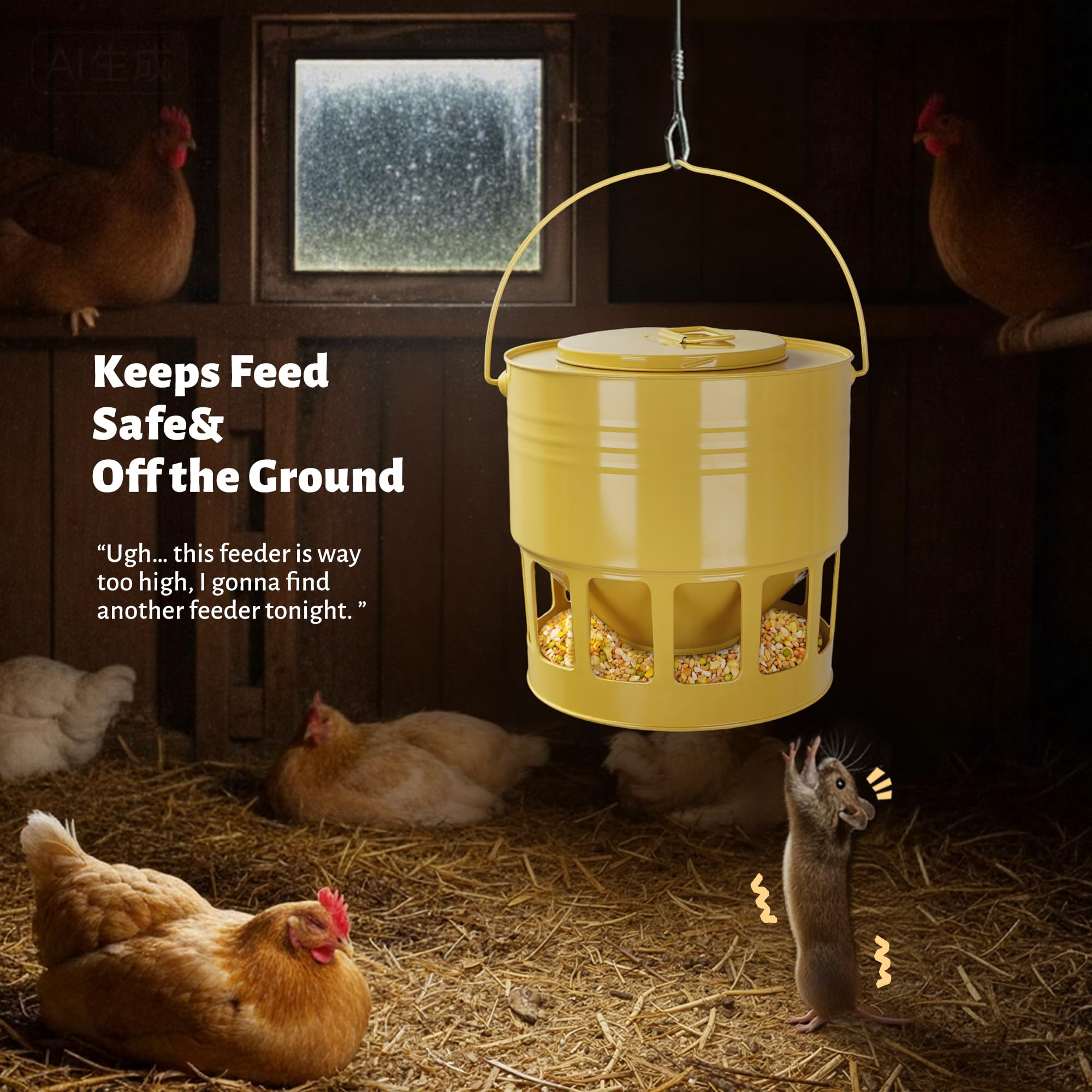 KOL hanging feeder above clean floor reducing contamination and feed spoilage