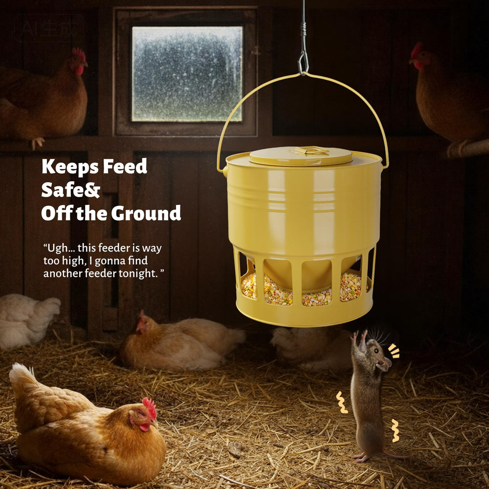 KOL hanging feeder above clean floor reducing contamination and feed spoilage