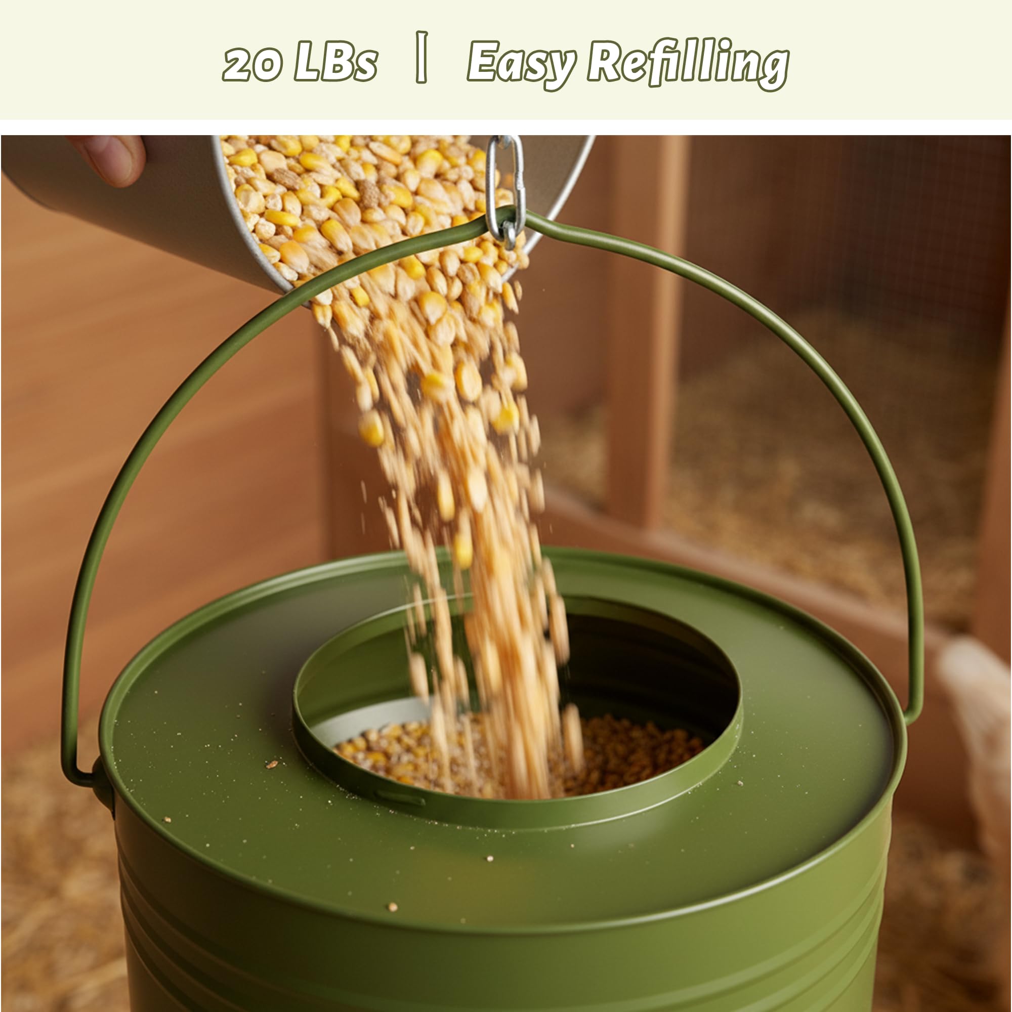 KOL feeder beside scale showing 20 lb capacity for fewer refills