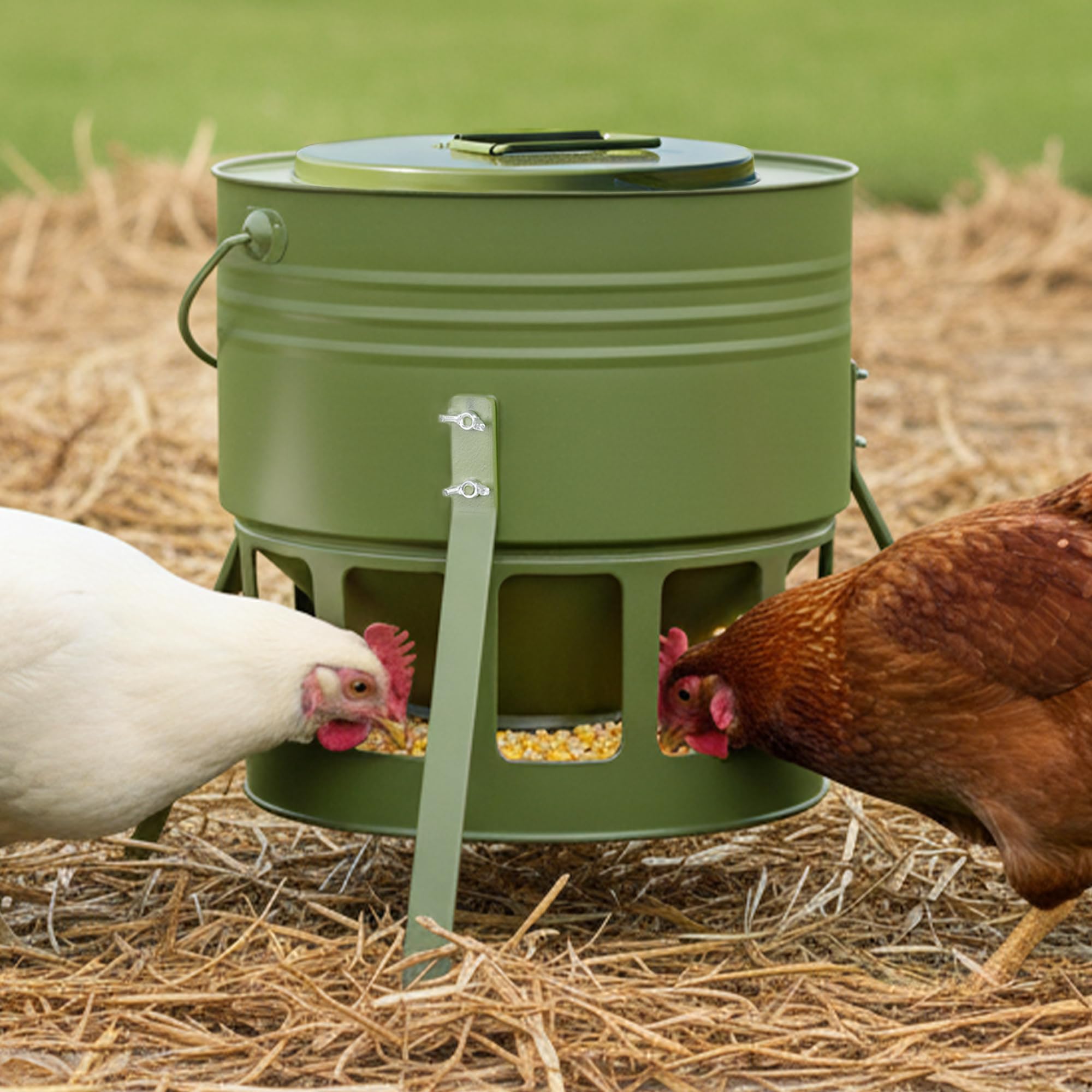 KOL feeder front view showing avocado green finish and large capacity benefit