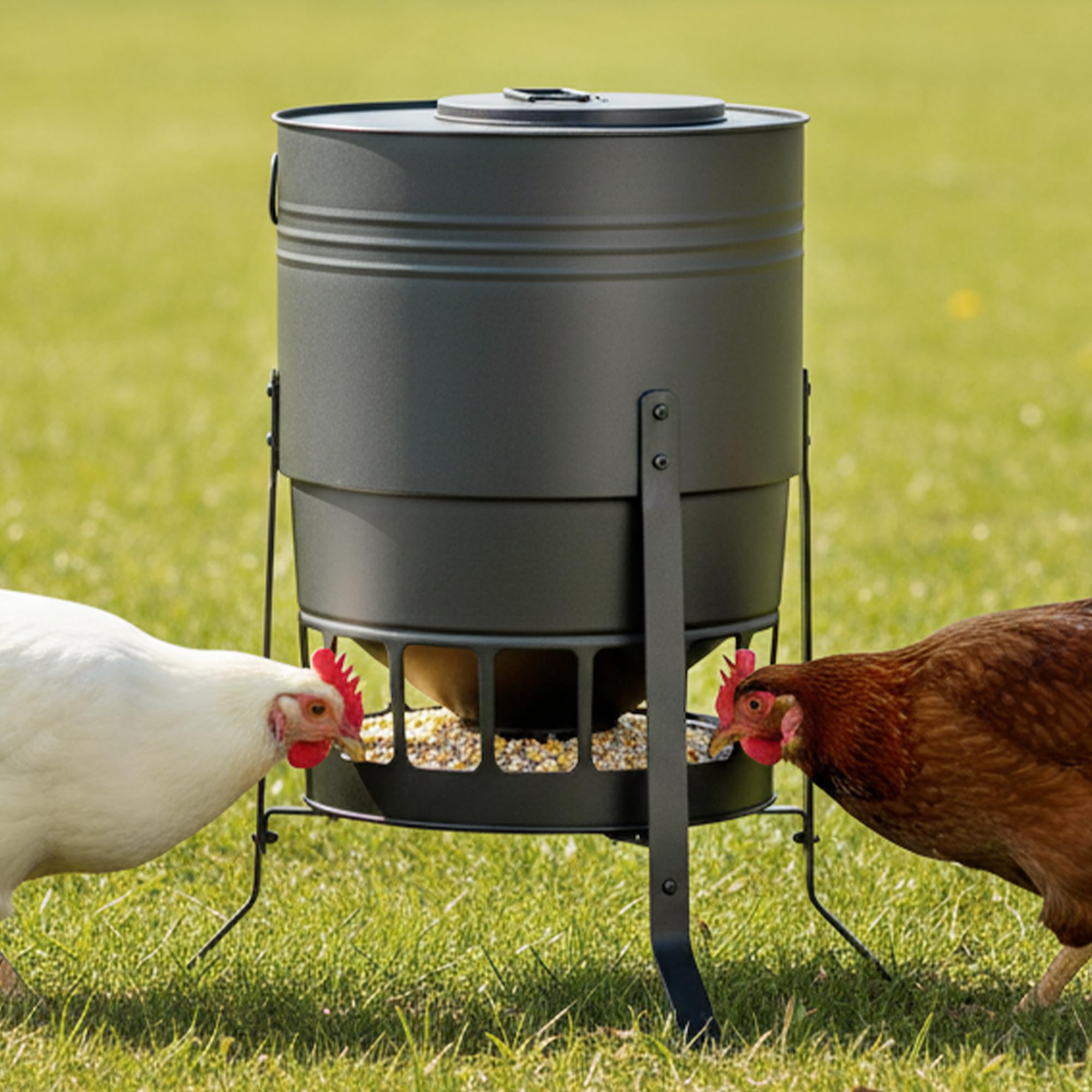 KOL feeder front view showing 16 ports and durable metal body, reduces feed waste