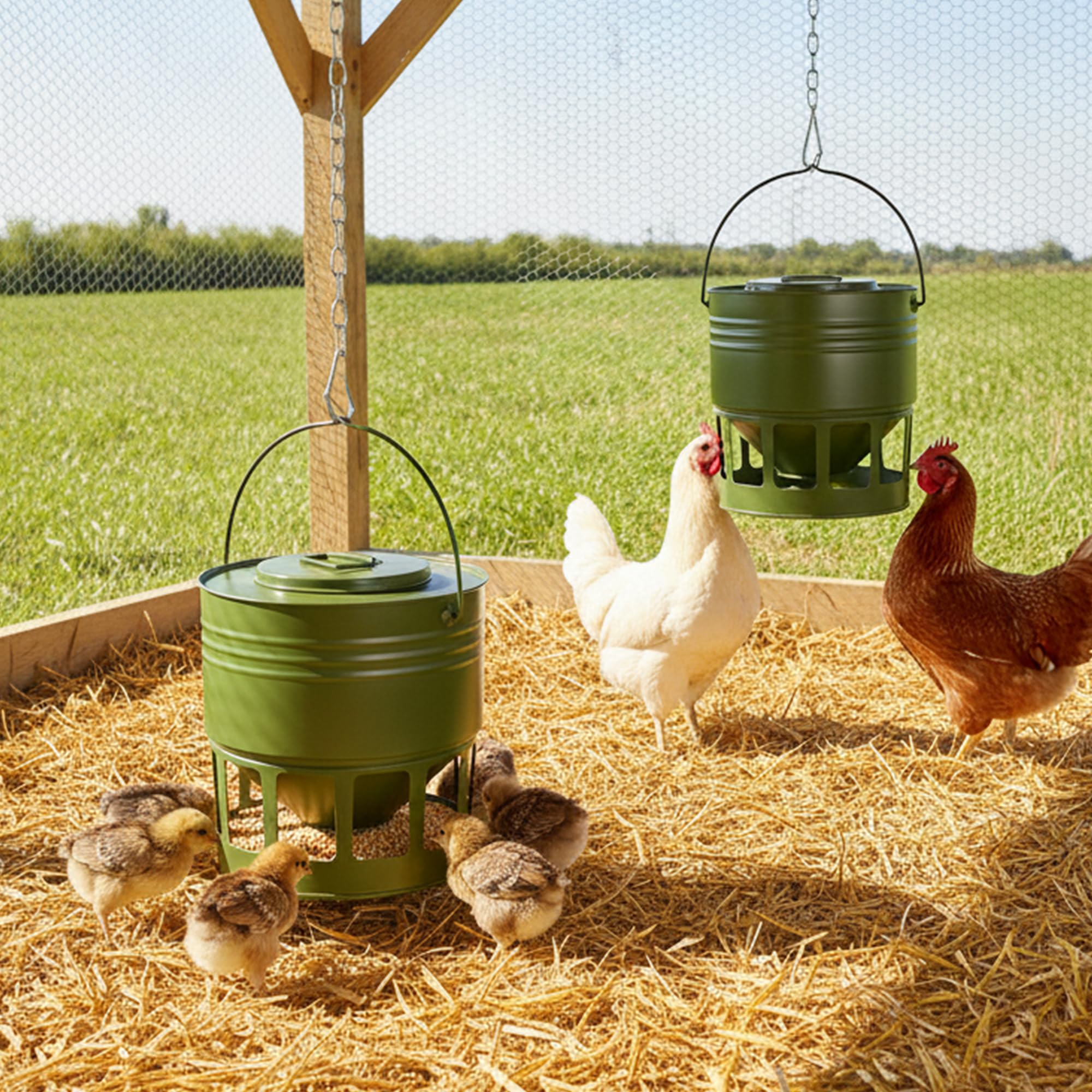 KOL hanging feeder suspended in coop keeping feed off ground and dry