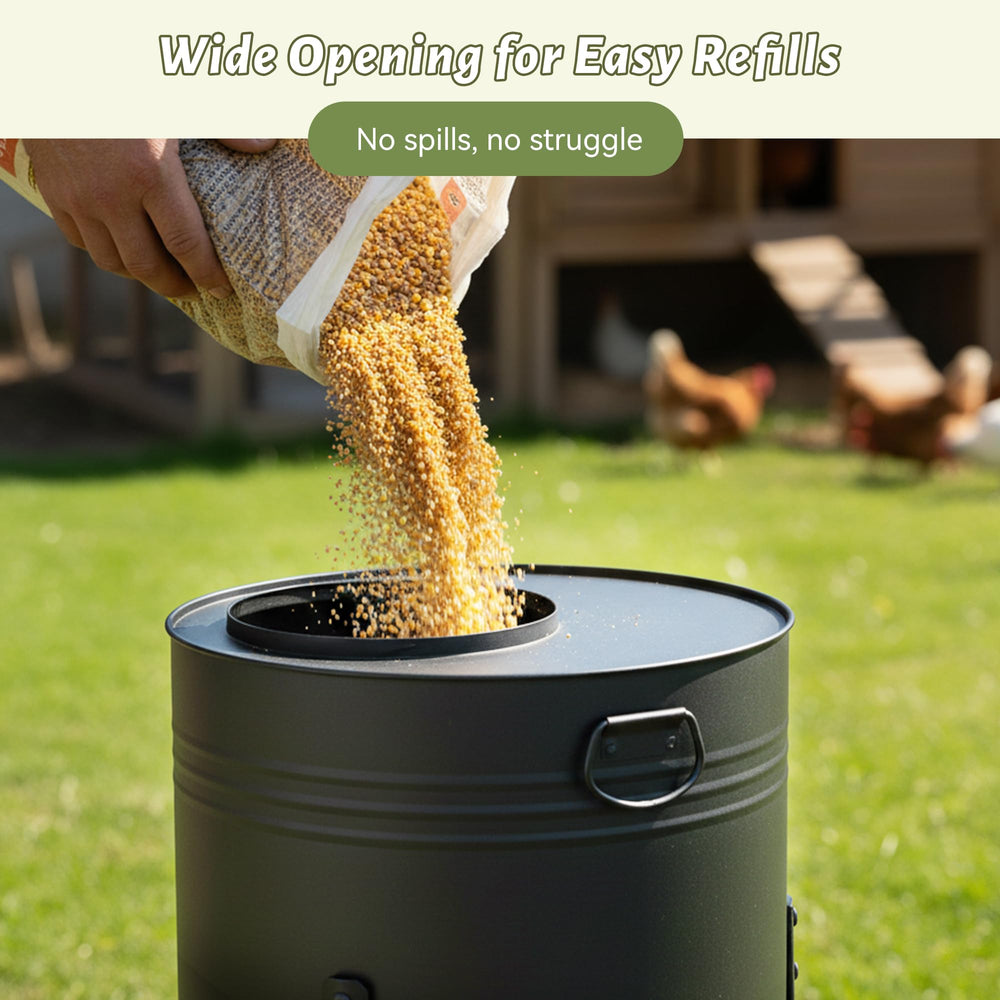 KOL feeder placed inside a coop, keeps feed organized and sheltered