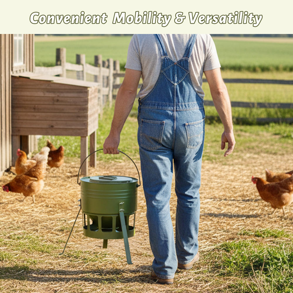 KOL feeder in backyard with chickens feeding to demonstrate reduced waste