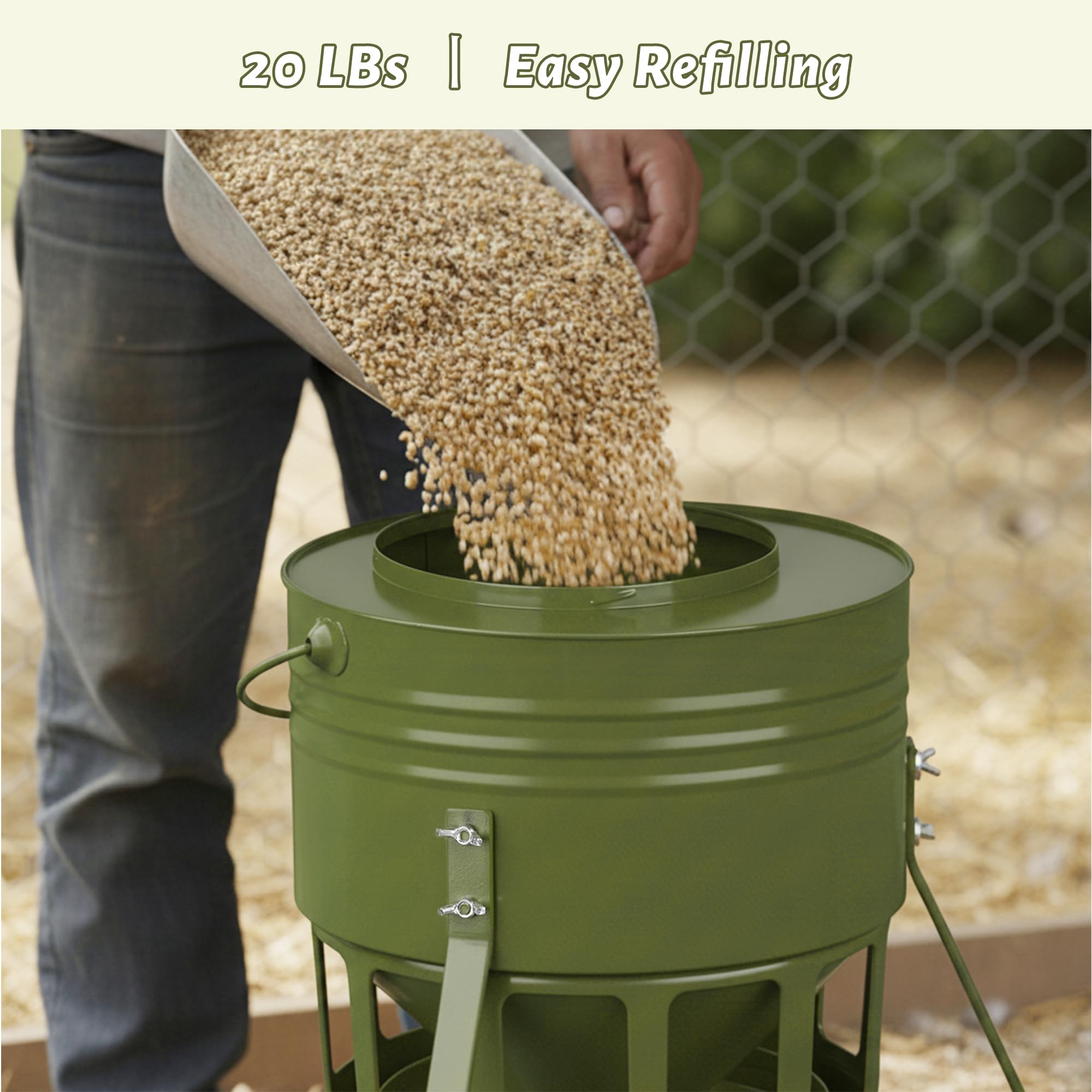 KOL feeder beside a ruler illustrating 20 lb capacity and size benefit