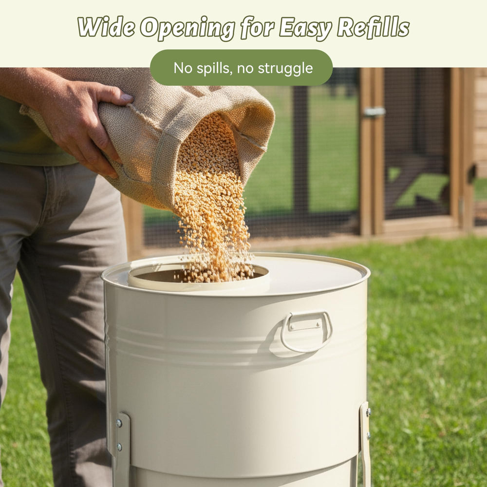 KOL feeder beside a 50 lb bag to illustrate large-capacity scale and fewer refills