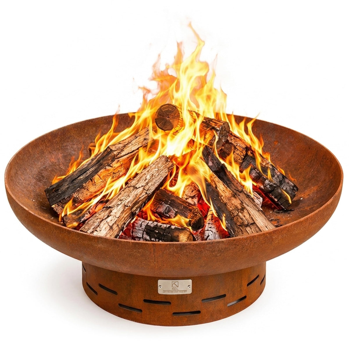 KOL front view of 27.5 inch fire pit bowl showing rust finish and stable base benefit: durable centerpiece