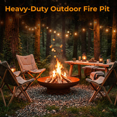 KOL fire pit in use at night with bright flames benefit: efficient wood burning warmth