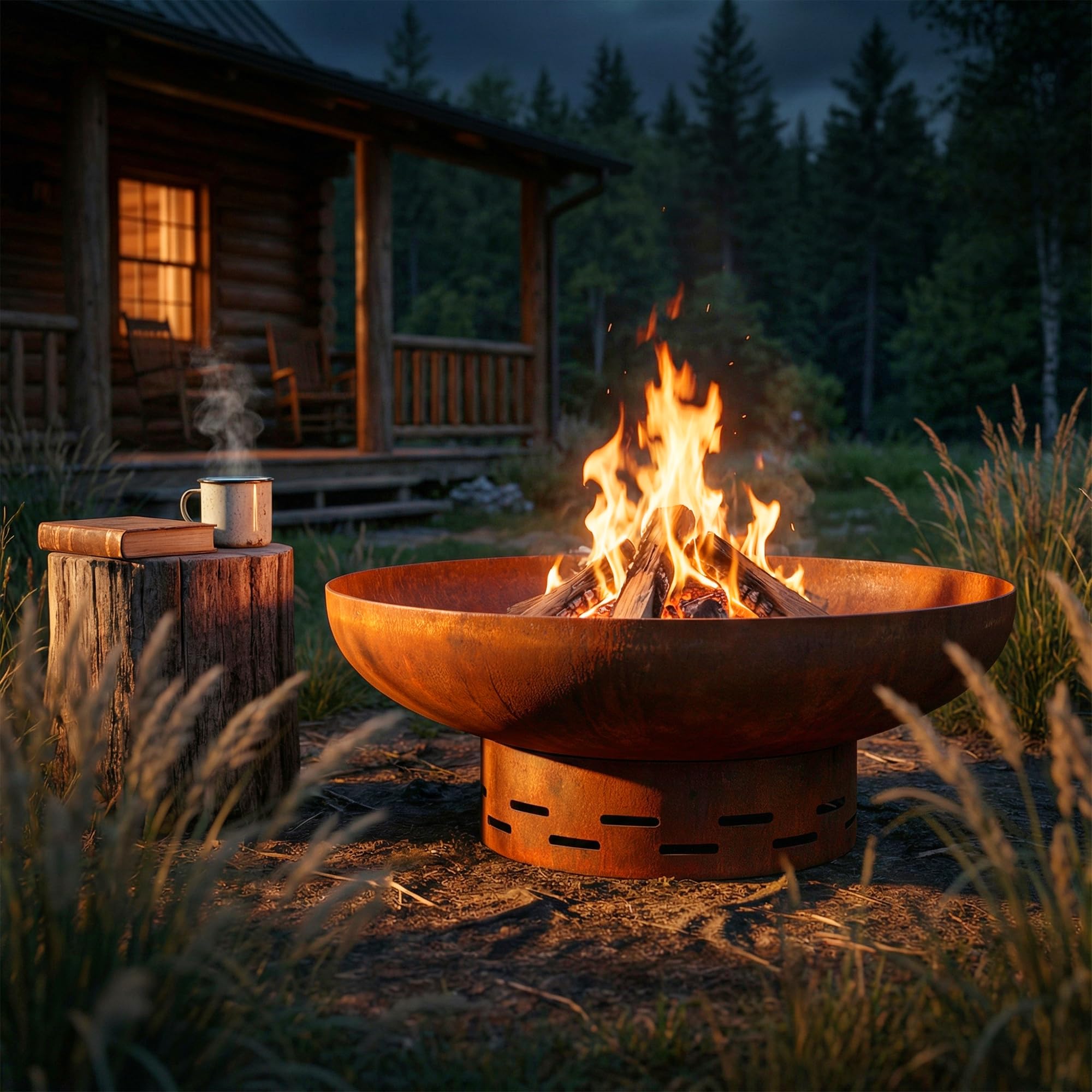 KOL fire pit beside chair showing scale and portability benefit: fits mid sized outdoor spaces