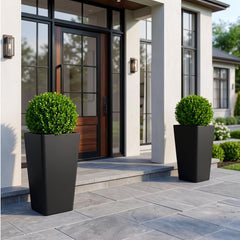 KOL front view of two 20-inch black planters showing modern elegance and curb appeal