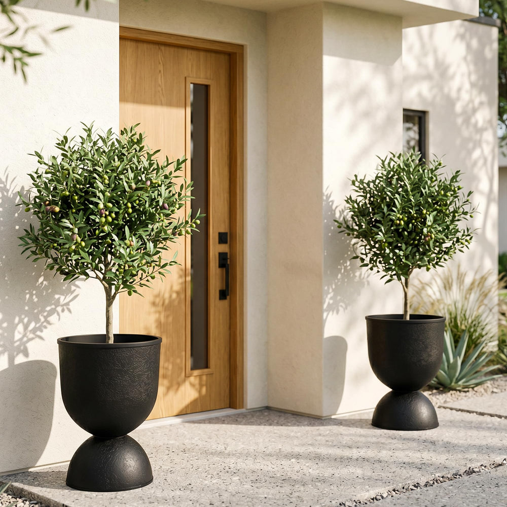 KOL black urn planter front view showing elegant silhouette and curb appeal