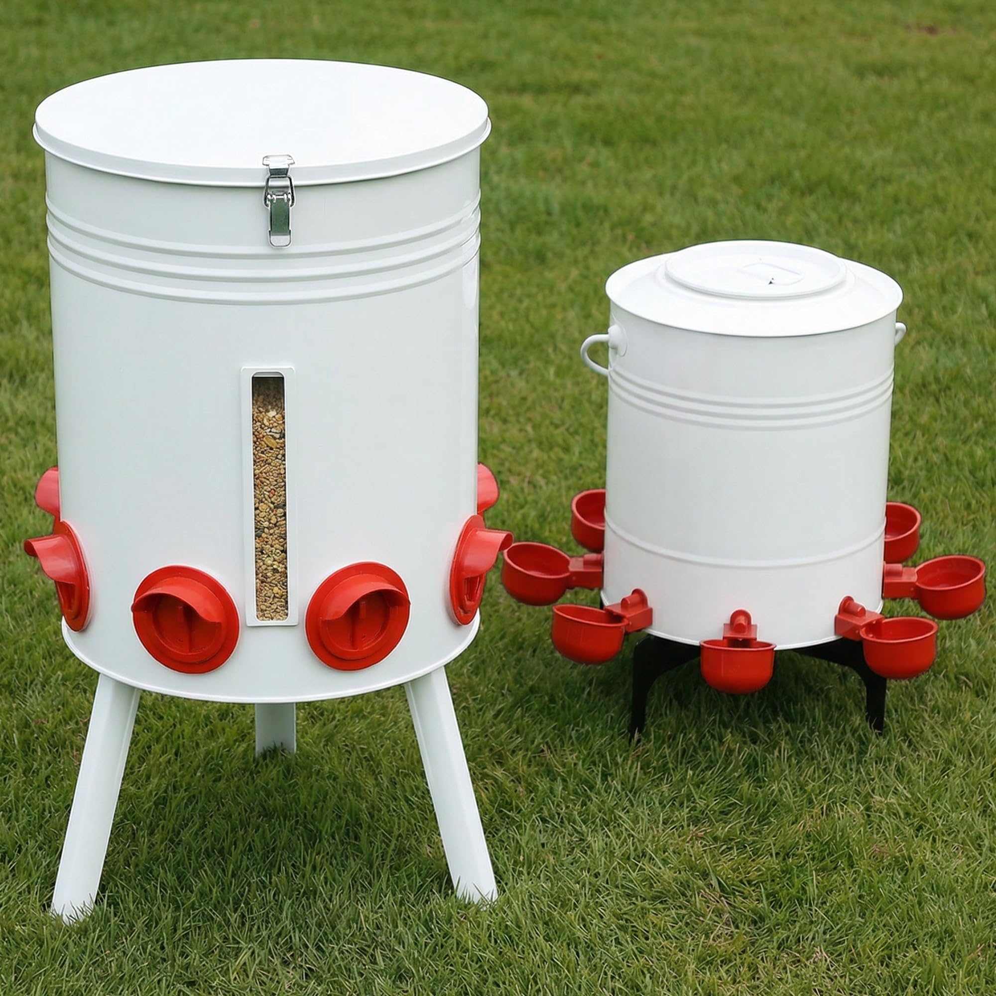 KOL front view of feeder and waterer showing durable setup and easy access