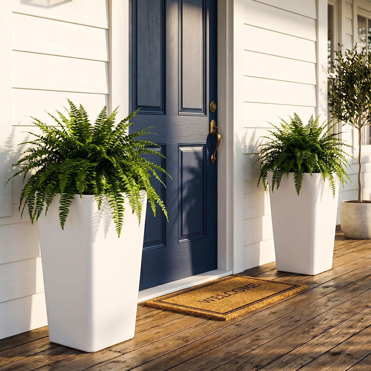 KOL front view two-pack white planters showing modern silhouette and curb appeal