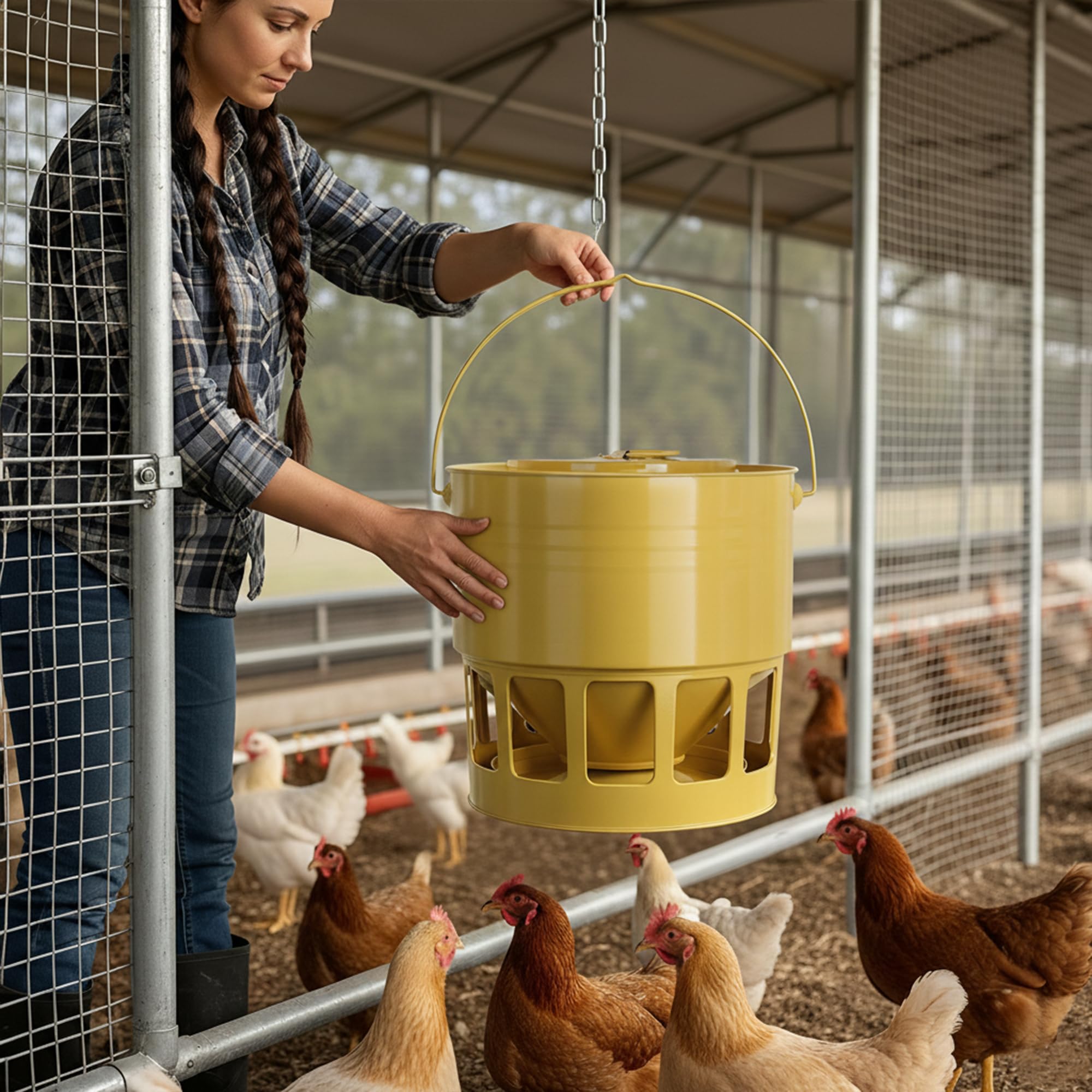 KOL feeder hanging inside coop showing tidy elevated feeding and hygiene benefit