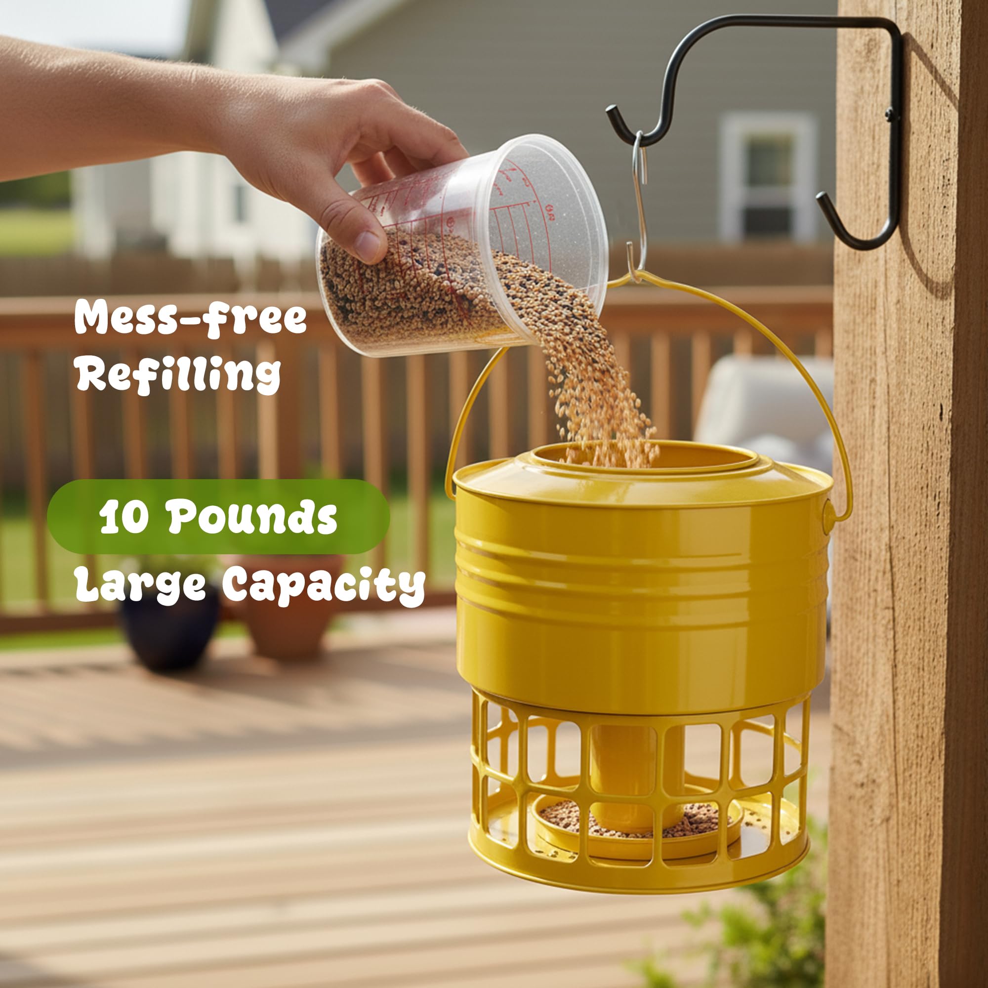KOL wide-mouth lid open for easy refill and reduced seed spillage