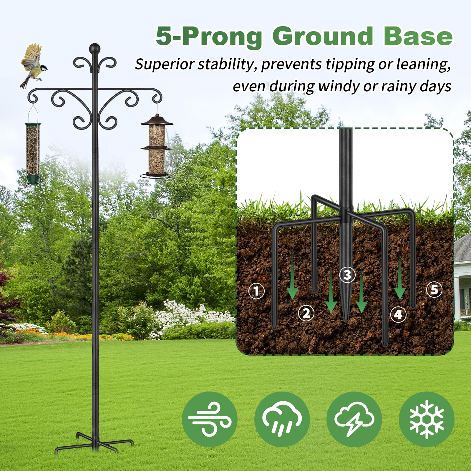 KOLAKO outdoor scene with a bird feeder hung on the double-arm hook promoting wildlife viewing