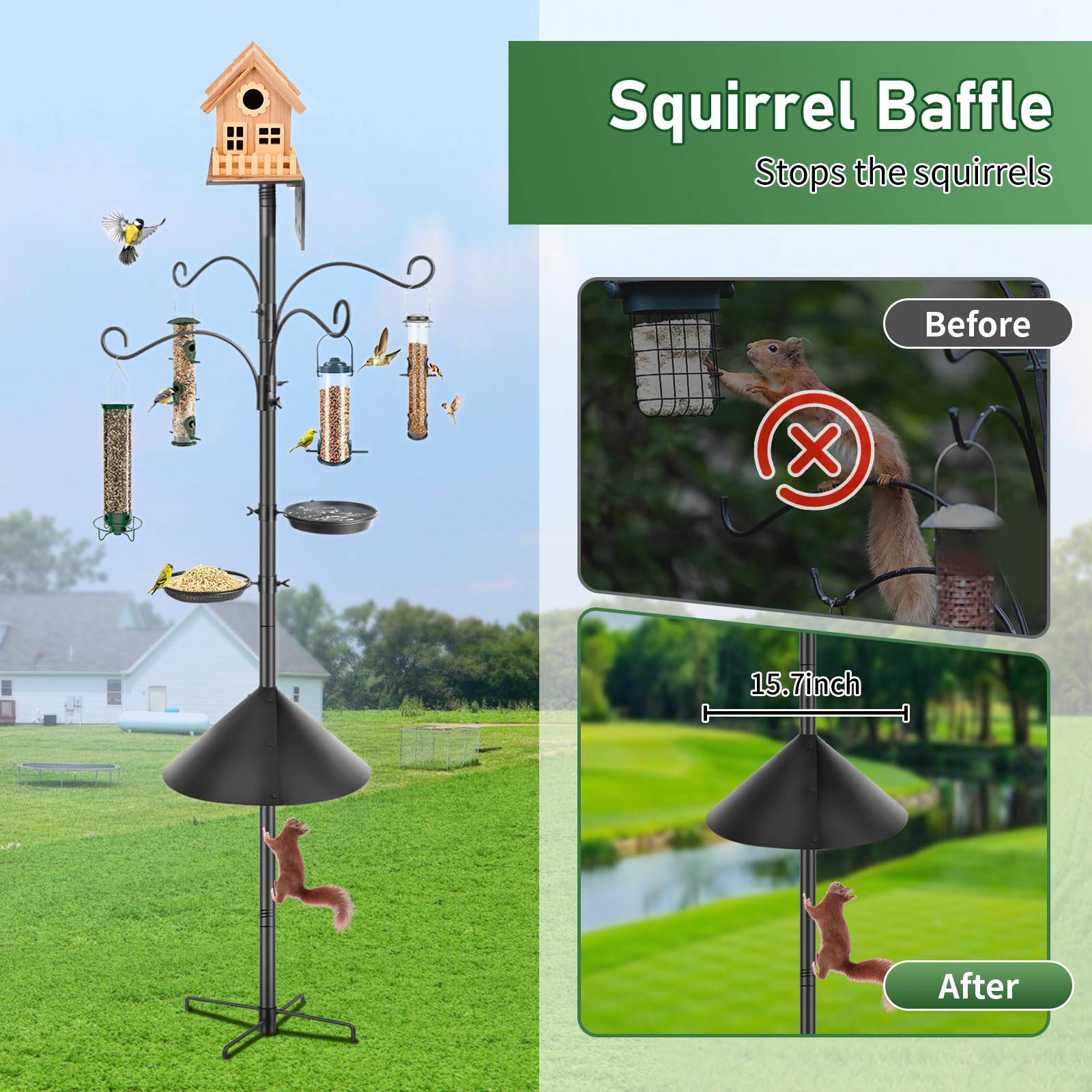 KOLAKO shepherd hooks holding various feeders, attracts multiple bird species safely