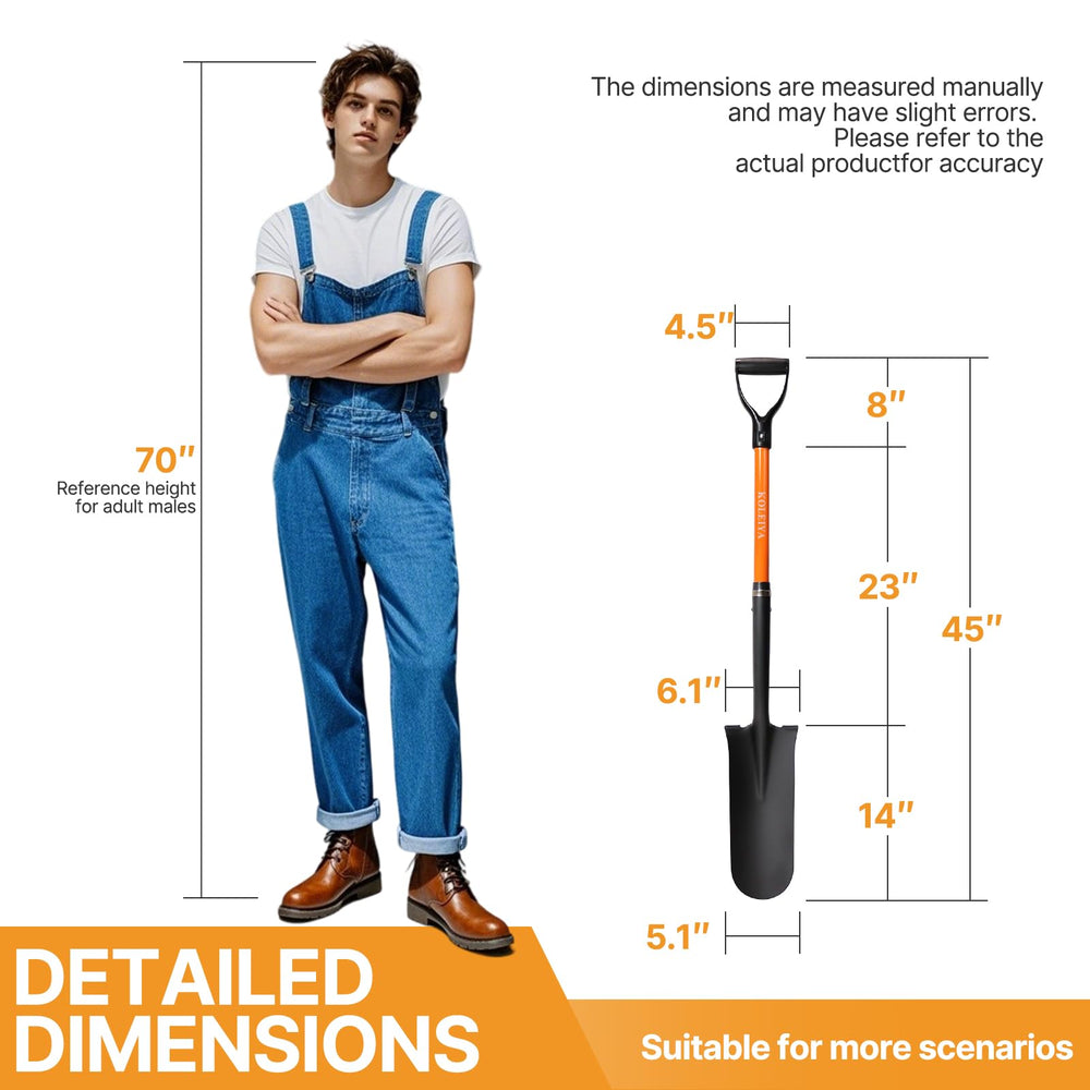 KOLEIYA size comparison with measuring tape showing 45-inch reach for deep digging