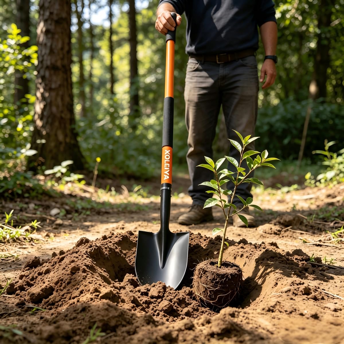 KOLEIYA shovel held by person to show 57-inch scale and leverage benefit