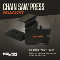 Kolpin close-up of hinged cradle showing quick-release hinge for fast saw removal