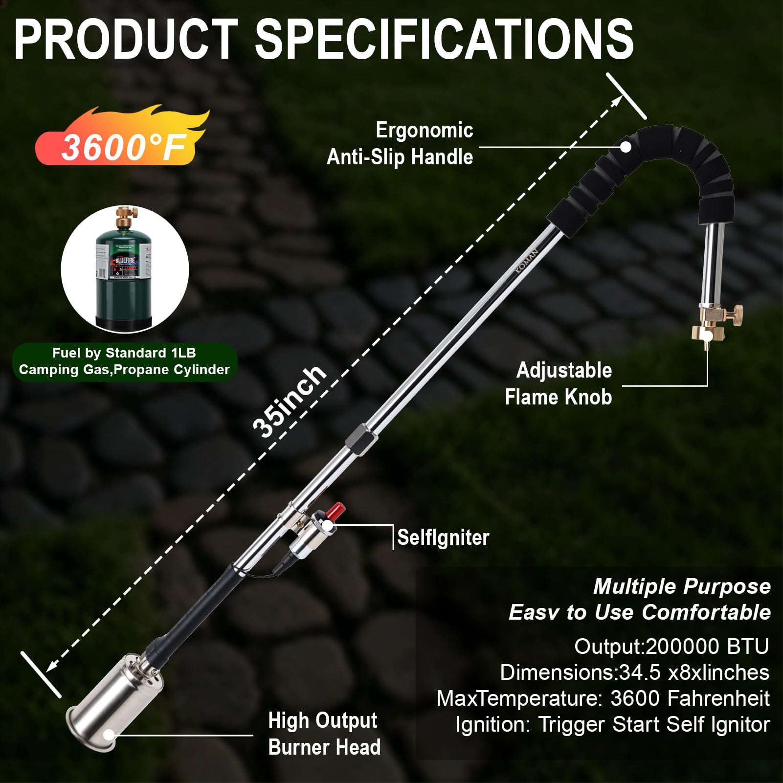 KOMAN torch in use on paved cracks showing fast, chemical-free weed removal