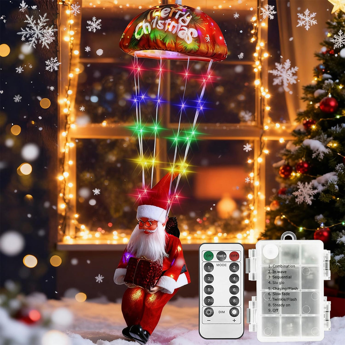 KOMILIFT front view of parachute Santa showing festive charm and bright LEDs