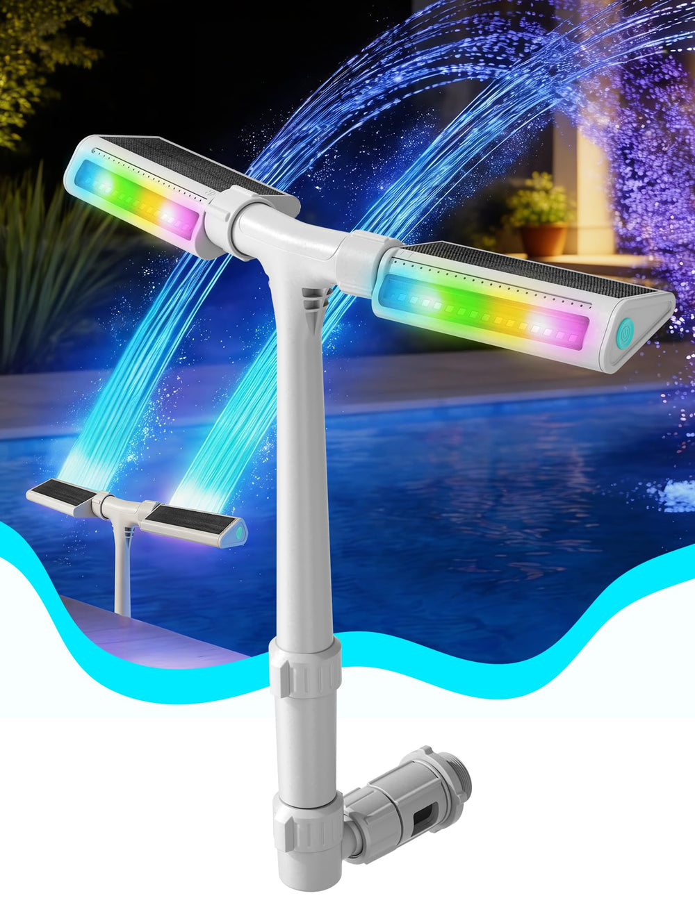 Kompoll fountain front view showing shape and floatation, enhances pool decor