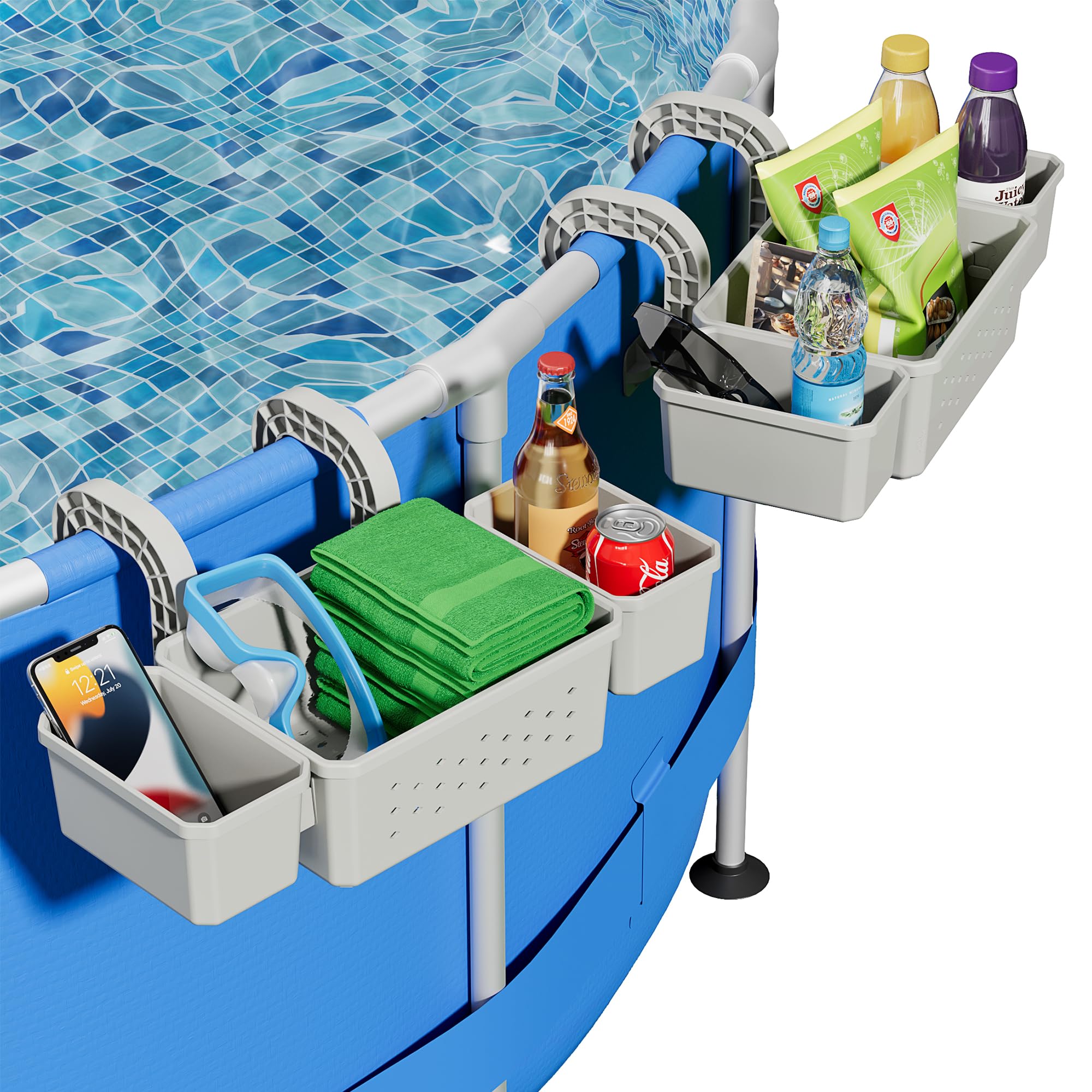 Kompoll front view showing both baskets and cup holders for organized poolside storage