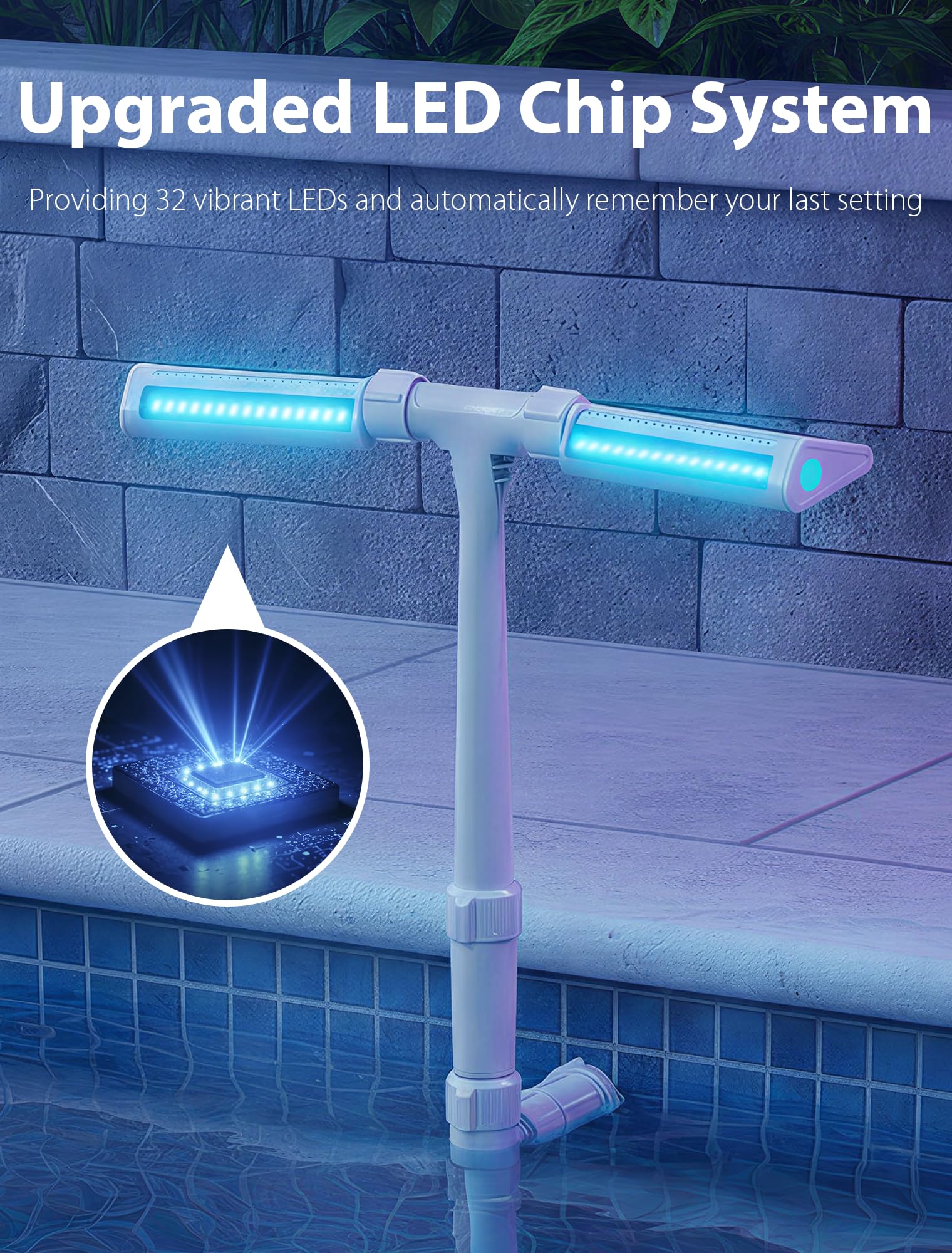 Kompoll fountain glowing in inground pool at dusk, brightens night gatherings