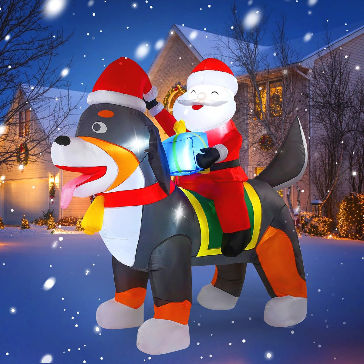 Koncifun front view of Santa riding dog inflatable, high-impact curb appeal