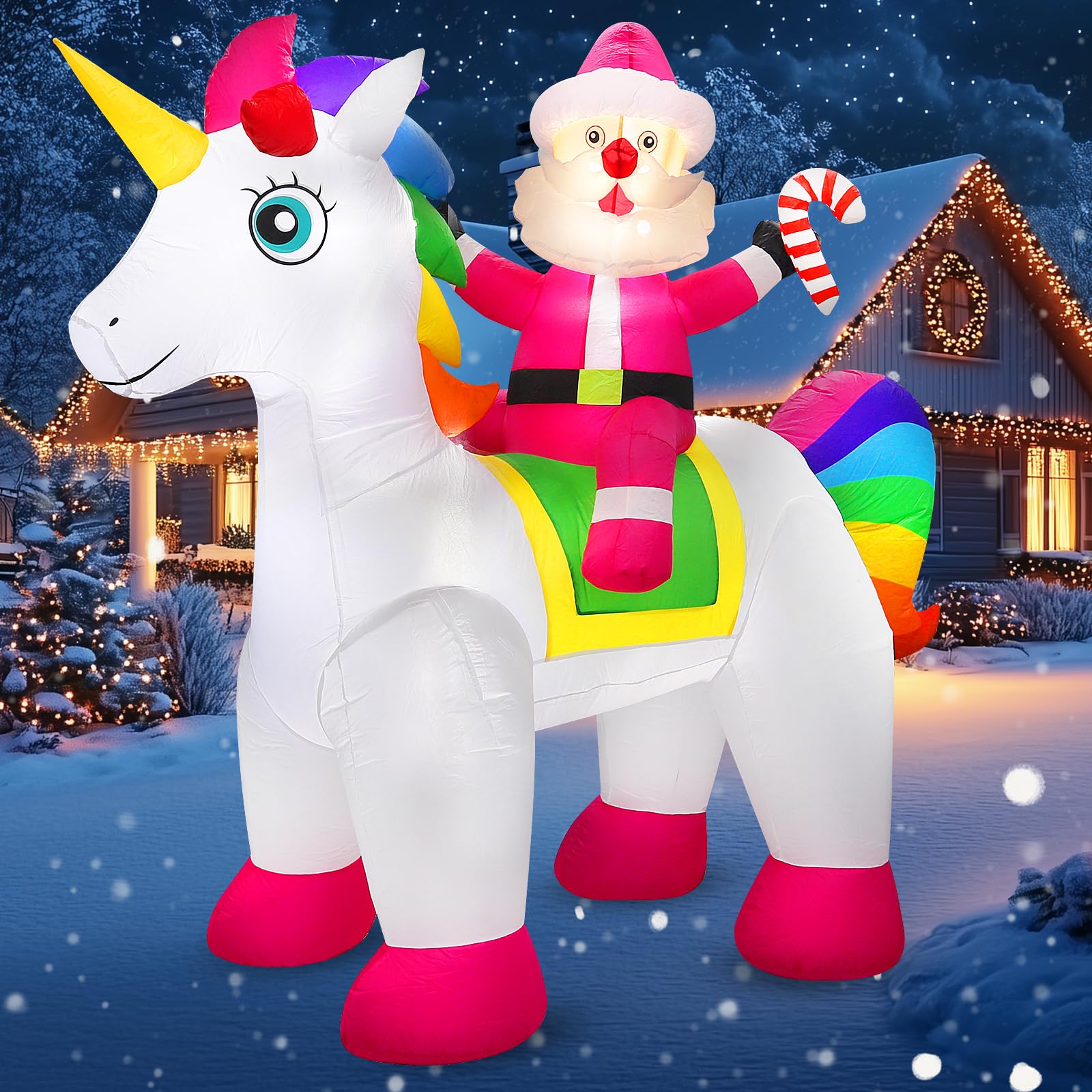Koncifun front view of Santa riding a unicorn inflatable showing festive detail and curb appeal